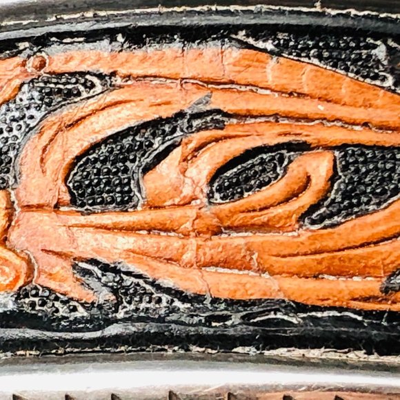 Vtg Peyote Bird Designer Tooled Leather Cuff Bracelet, Sterling Silver, 40.4 Gm - Picture 10 of 15